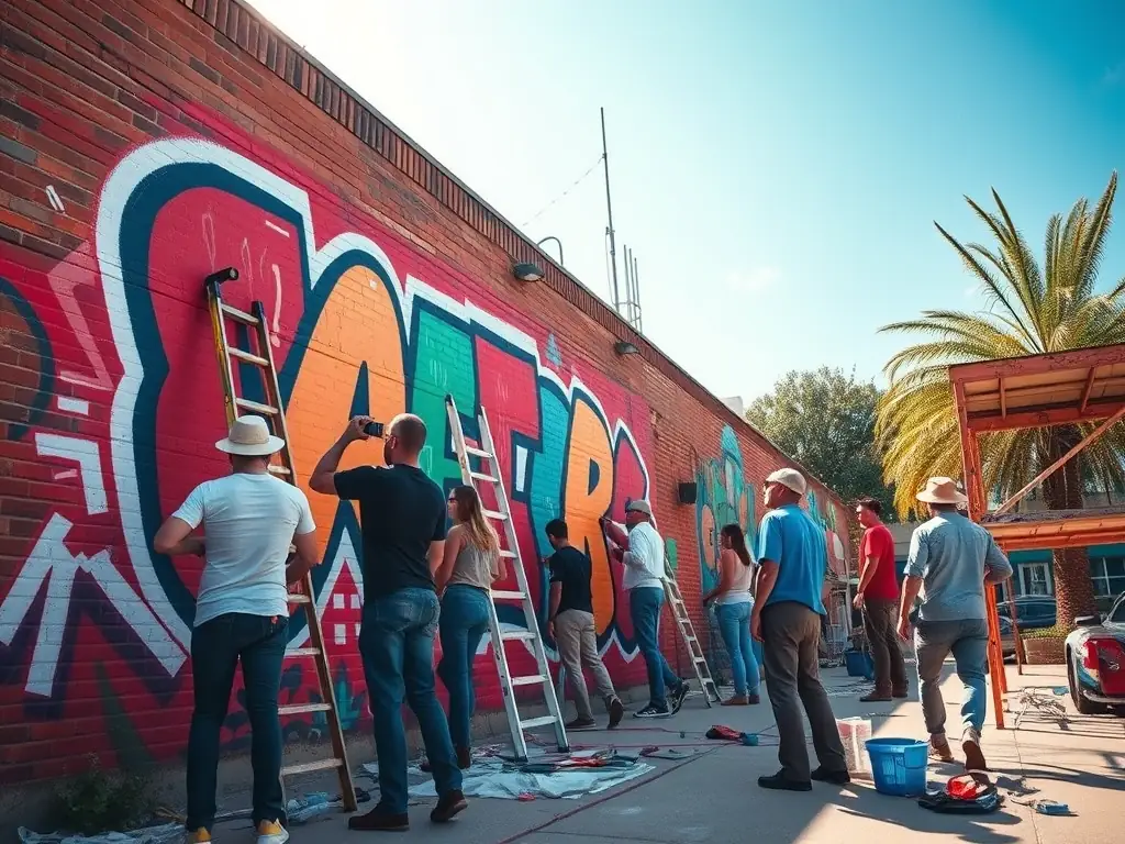 A dynamic image of a community art event, with people of all ages participating in a collaborative art project, symbolizing the 'Community Art Projects' program.