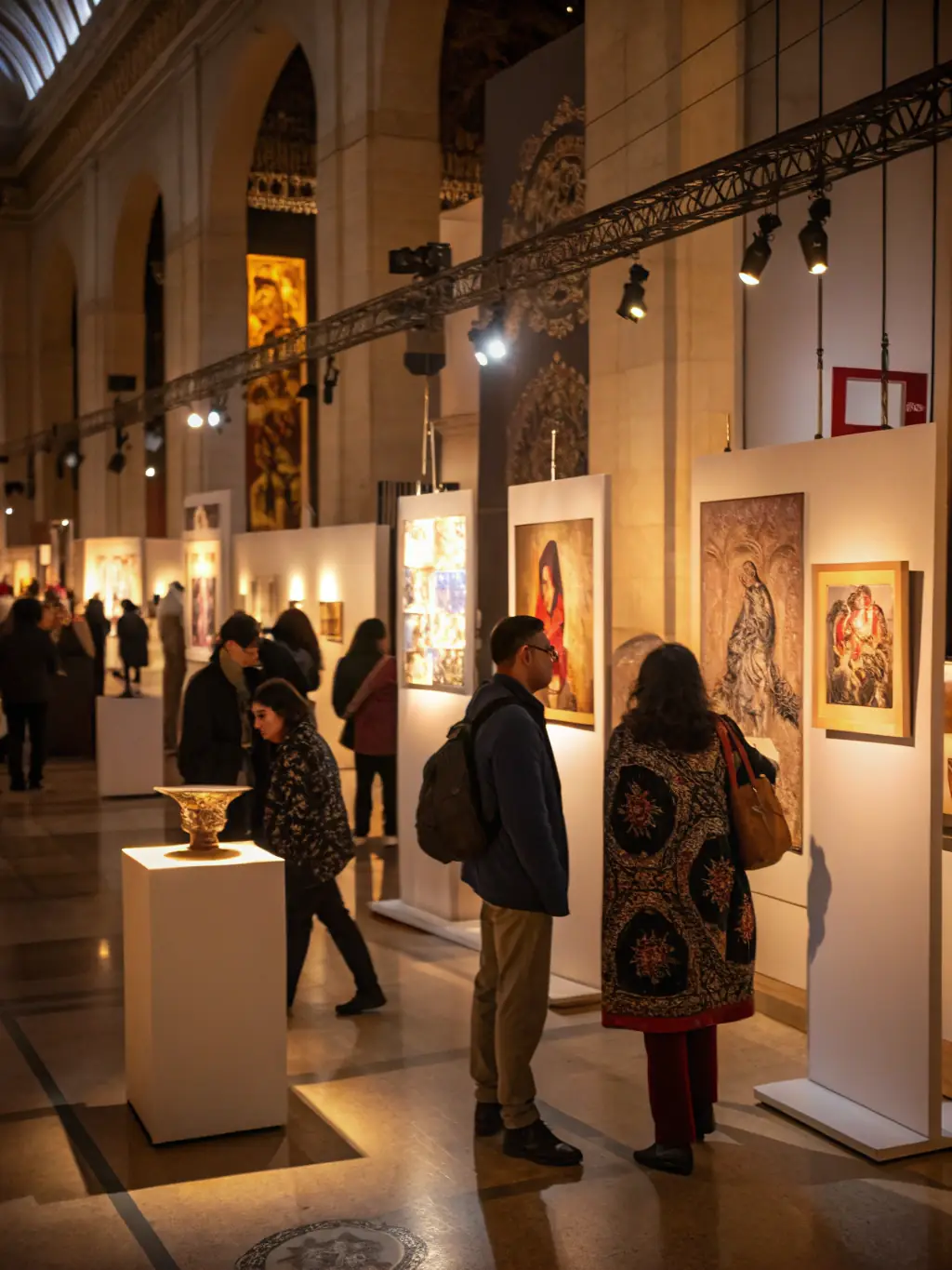 A photograph of a successful art exhibition opening night, showcasing the impact of ASSOCIATION ATELIER 15 in supporting artists and bringing art to the community.
