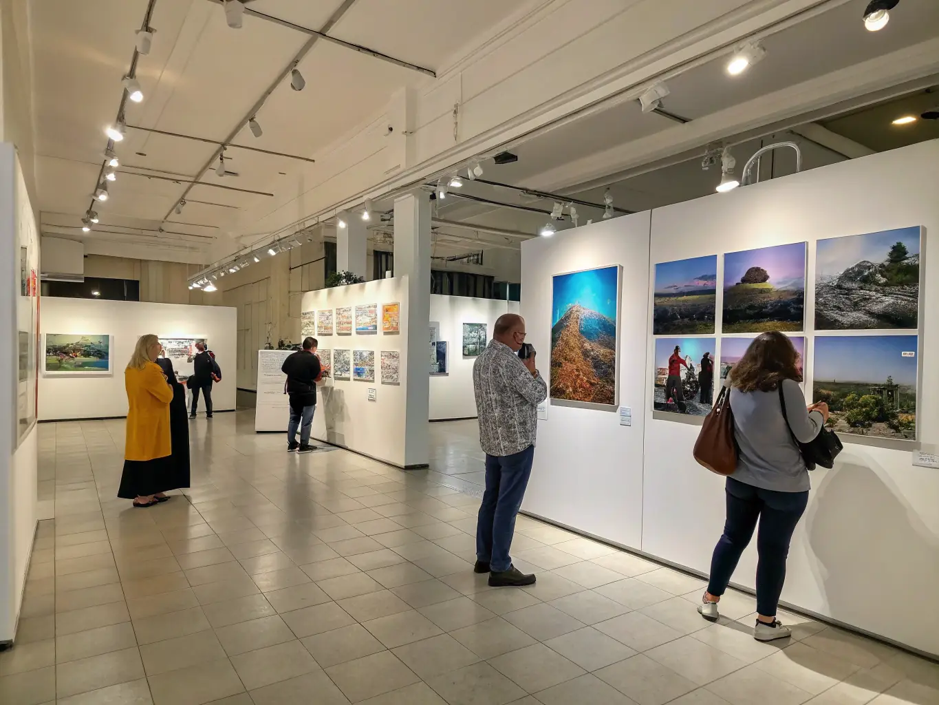 A photograph showcasing an art exhibition organized by ASSOCIATION ATELIER 15, featuring diverse artworks and attendees appreciating the display, representing the 'Cultural Exhibitions' program.