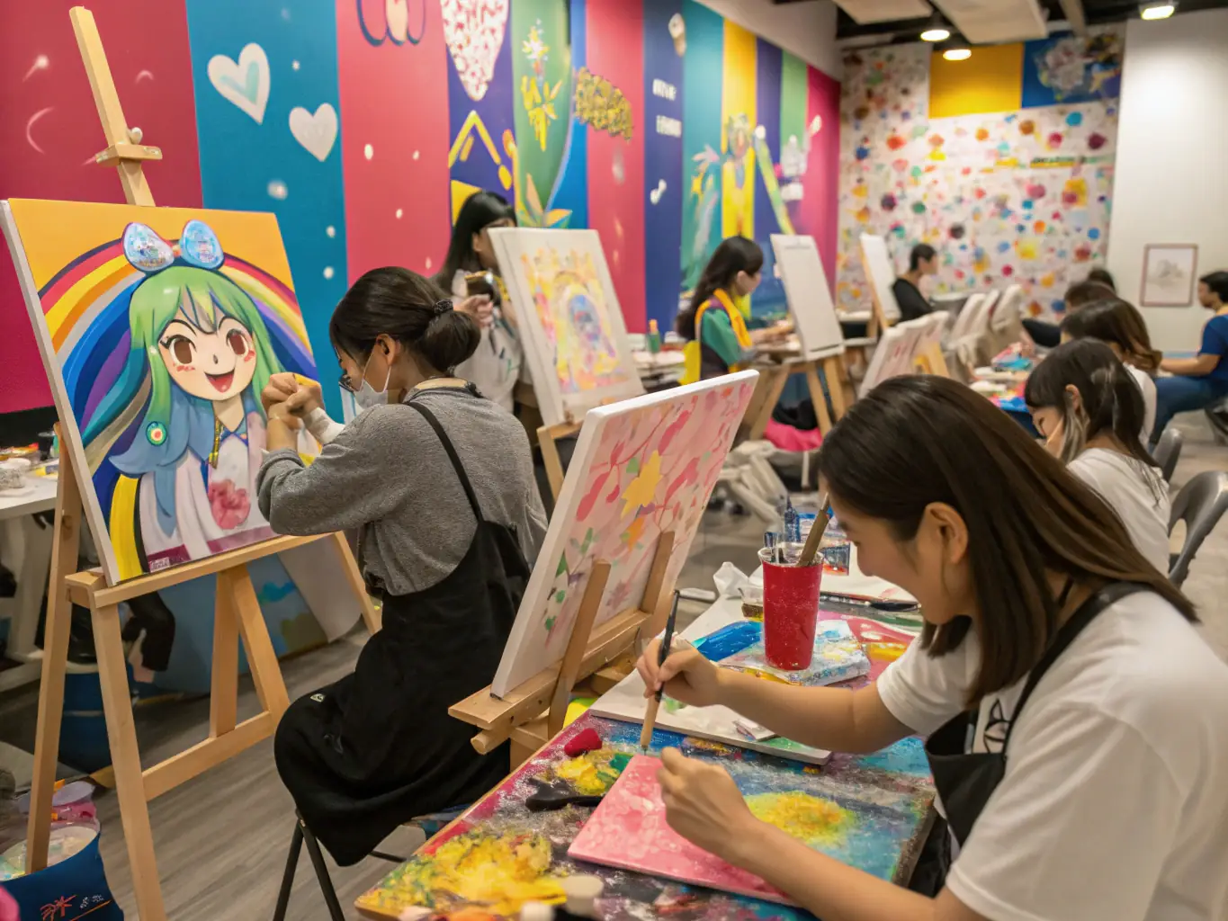 A vibrant image depicting participants actively engaged in an art workshop, with paintbrushes and canvases visible, reflecting the hands-on experience of the 'Art Discovery Workshops' program.