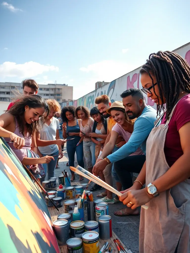 A dynamic image of artists collaborating on a mural, symbolizing the creative dialogue and exchange of ideas facilitated by ASSOCIATION ATELIER 15.